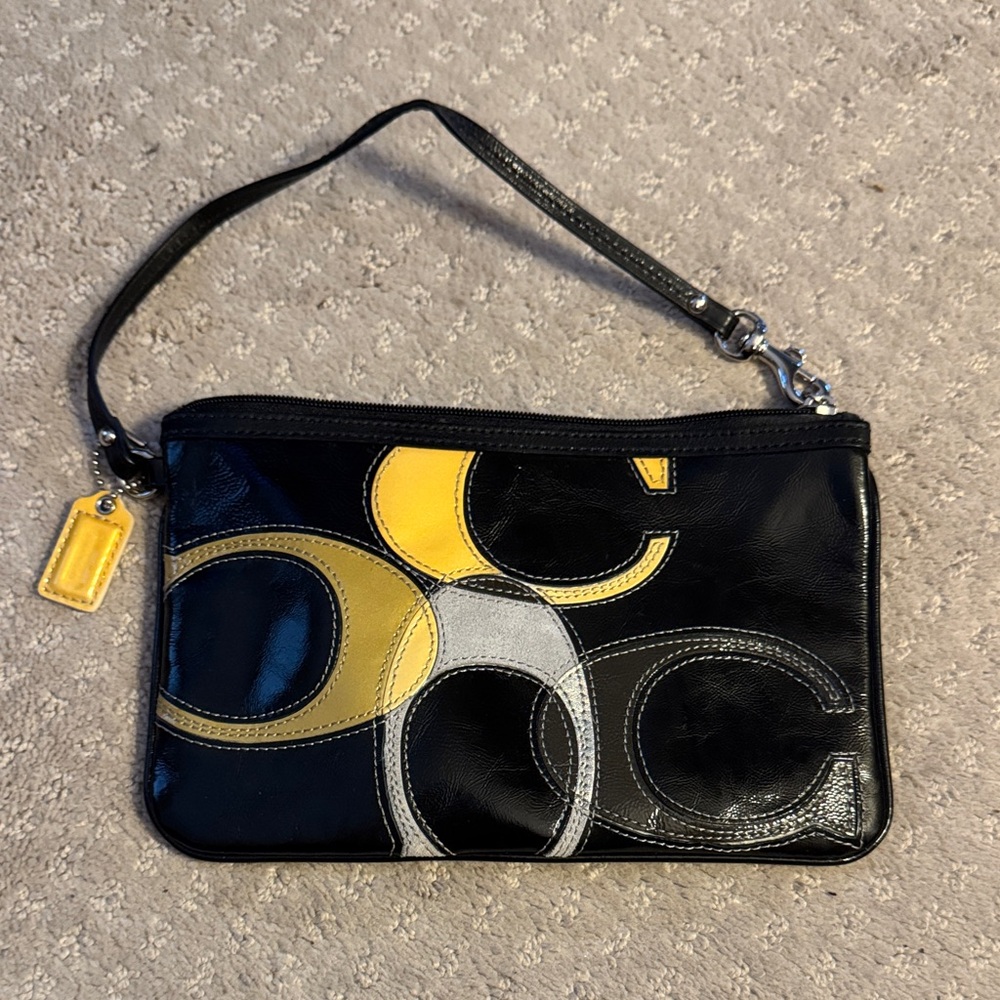 Coach Black Wristlet with Yellow and Silver Accents